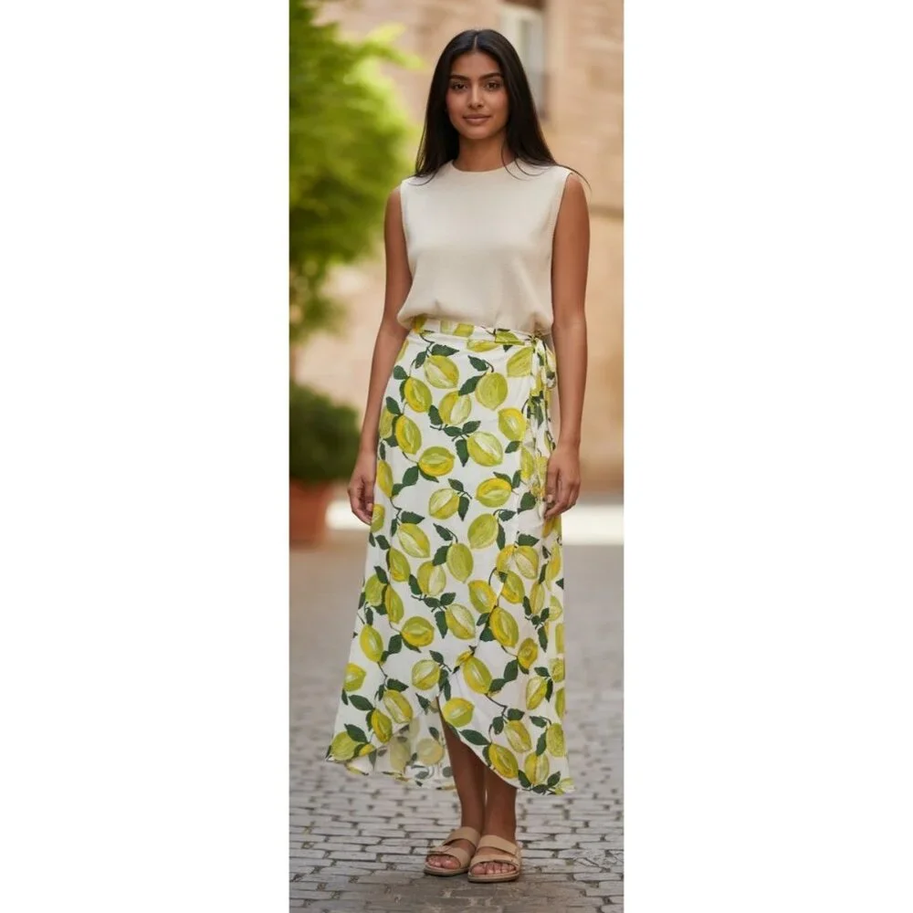 Fabienne Chapot Lime Print Tulip Hem Maxi Skirt Pull On Green White 8 US (38 EU)